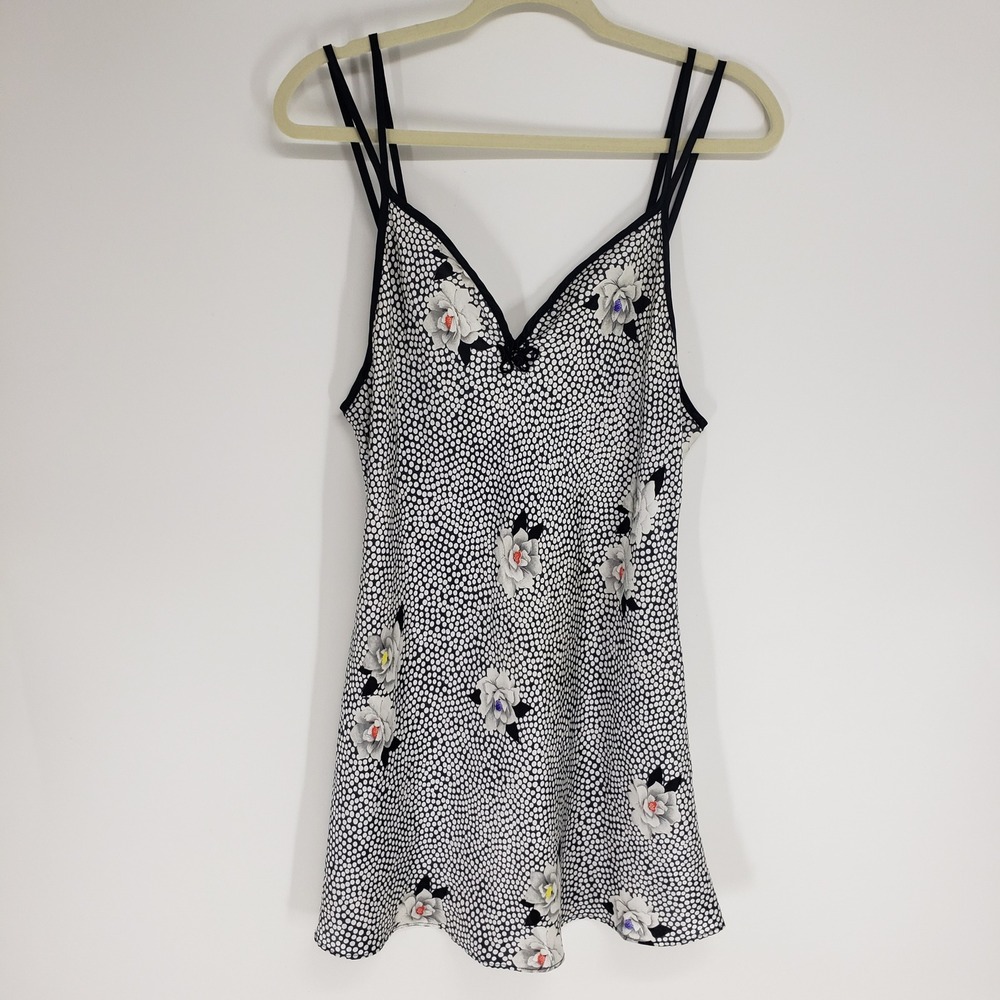 Vintage 90s Val Mode Floral Polka Dot Nightgown Women Medium Black White Chemise